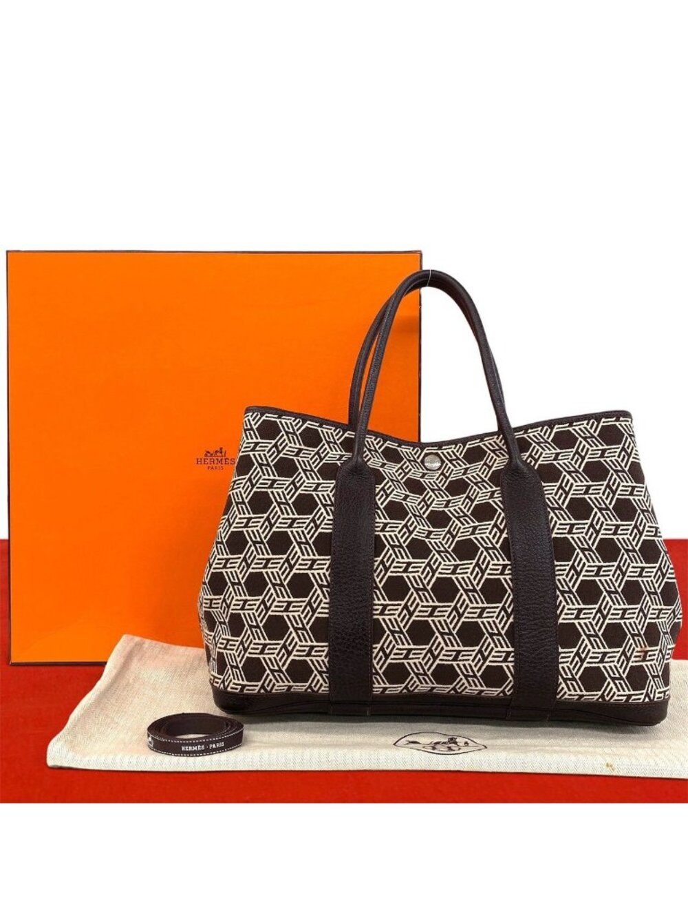 Hermes Garden Party PM Buffalo Toile So H Handbag Brown